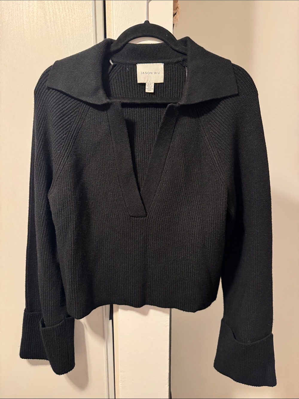 Jason Wu Black V-Neck Polo Ribbed Sweater